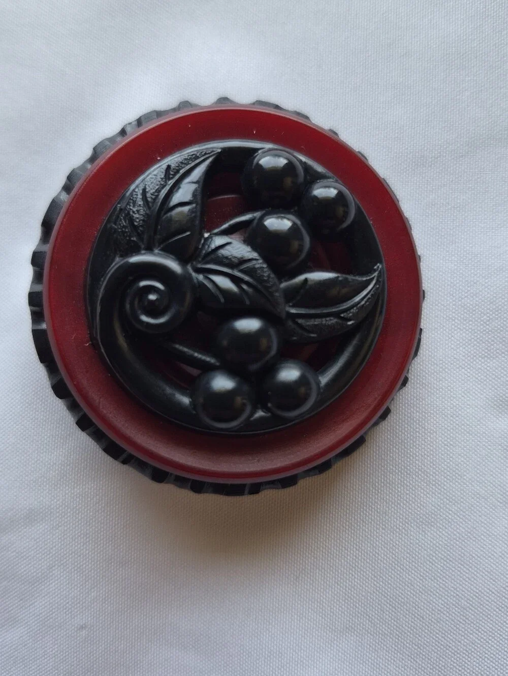 Vintage Russian Handcrafted 3D Cherry Brooch Black Red Layered Rare Signed